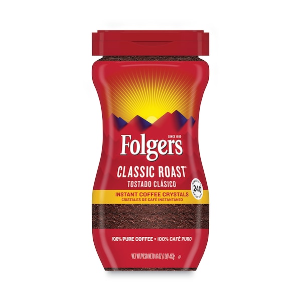 Folgers Instant Coffee Crystals, Classic, 16oz, Jar 2550006923 Zoro